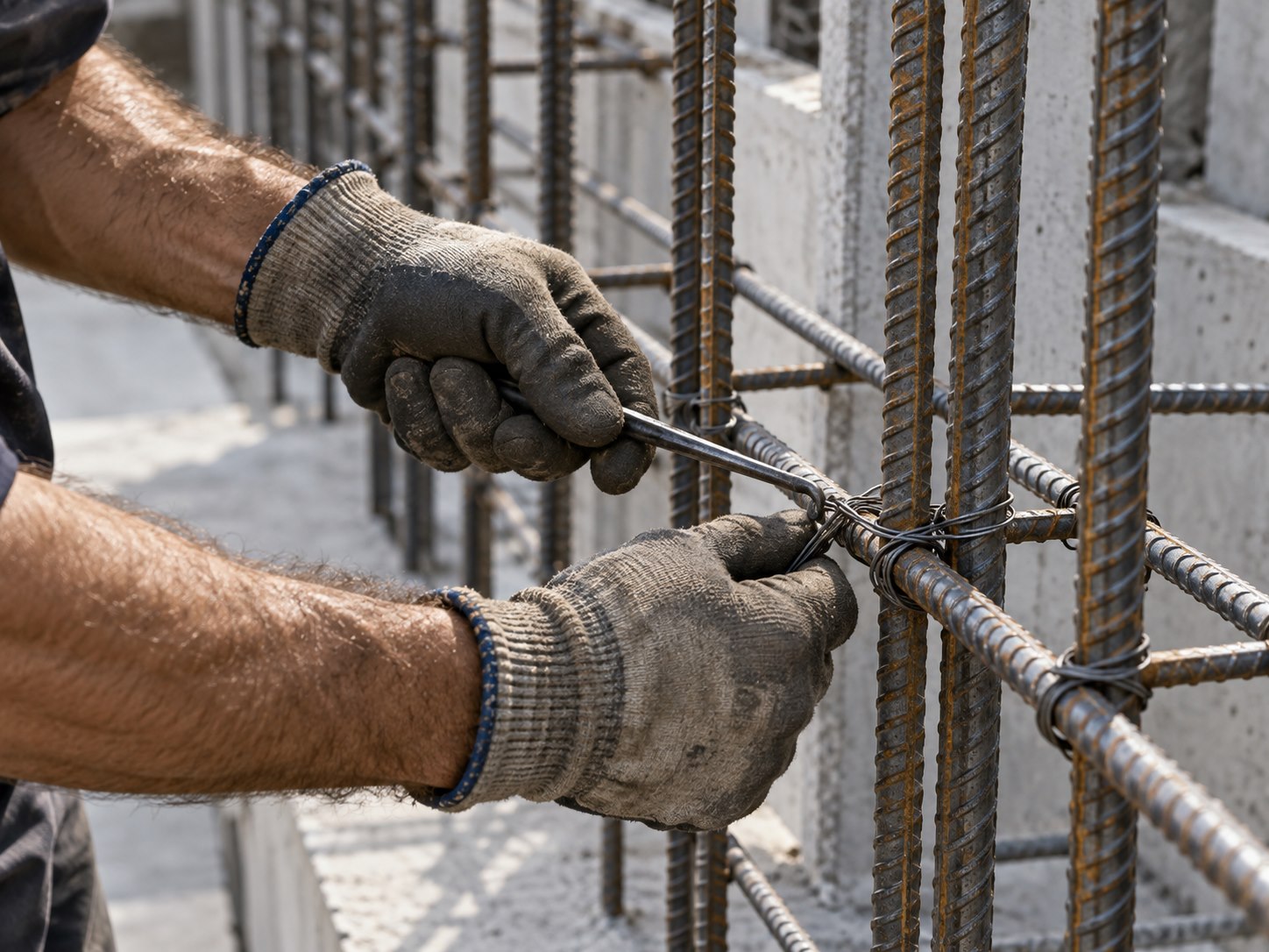 Trabalhador executa amarração de ferragem em estrutura de concreto