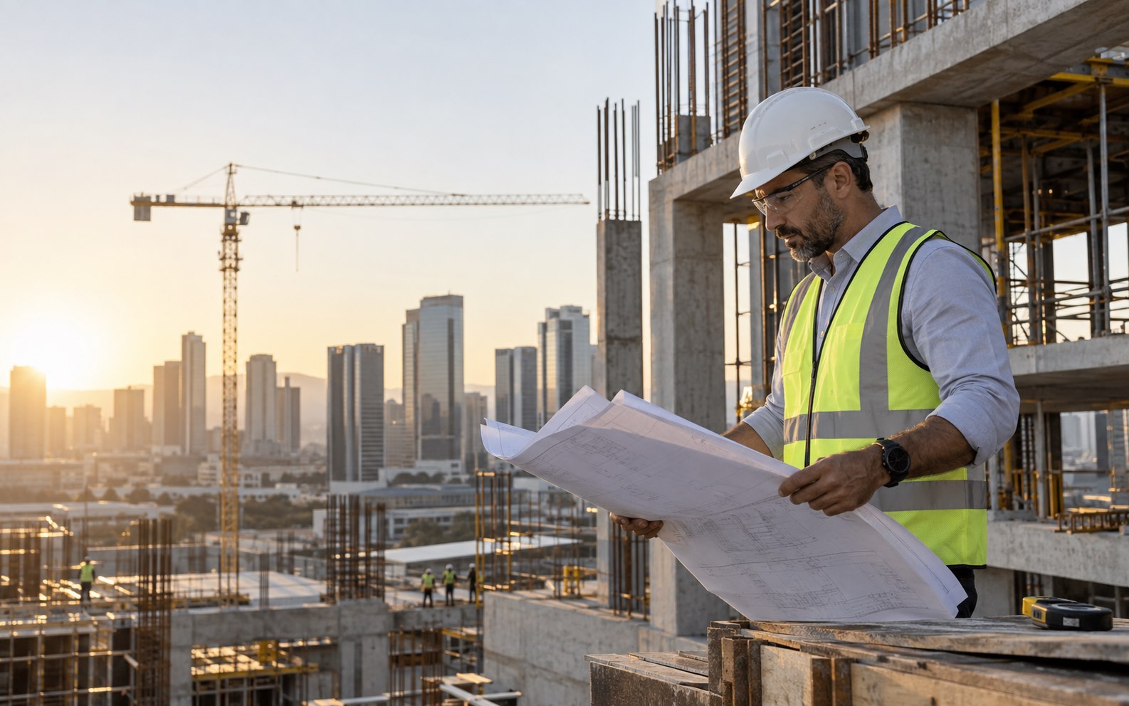 Engenheiro analisa plantas em uma obra corporativa de concreto