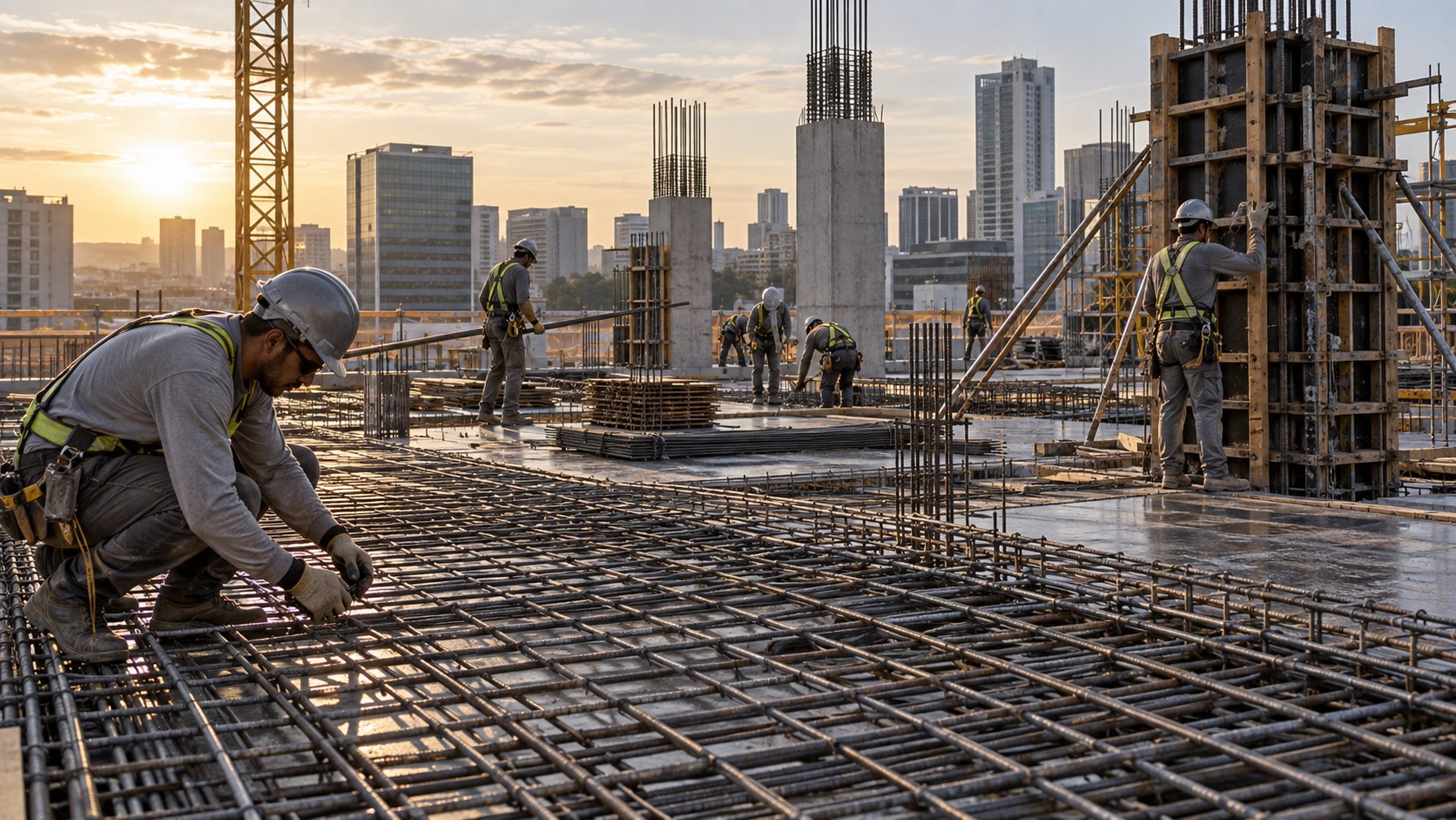 Equipe masculina executa estrutura de concreto em obra corporativa